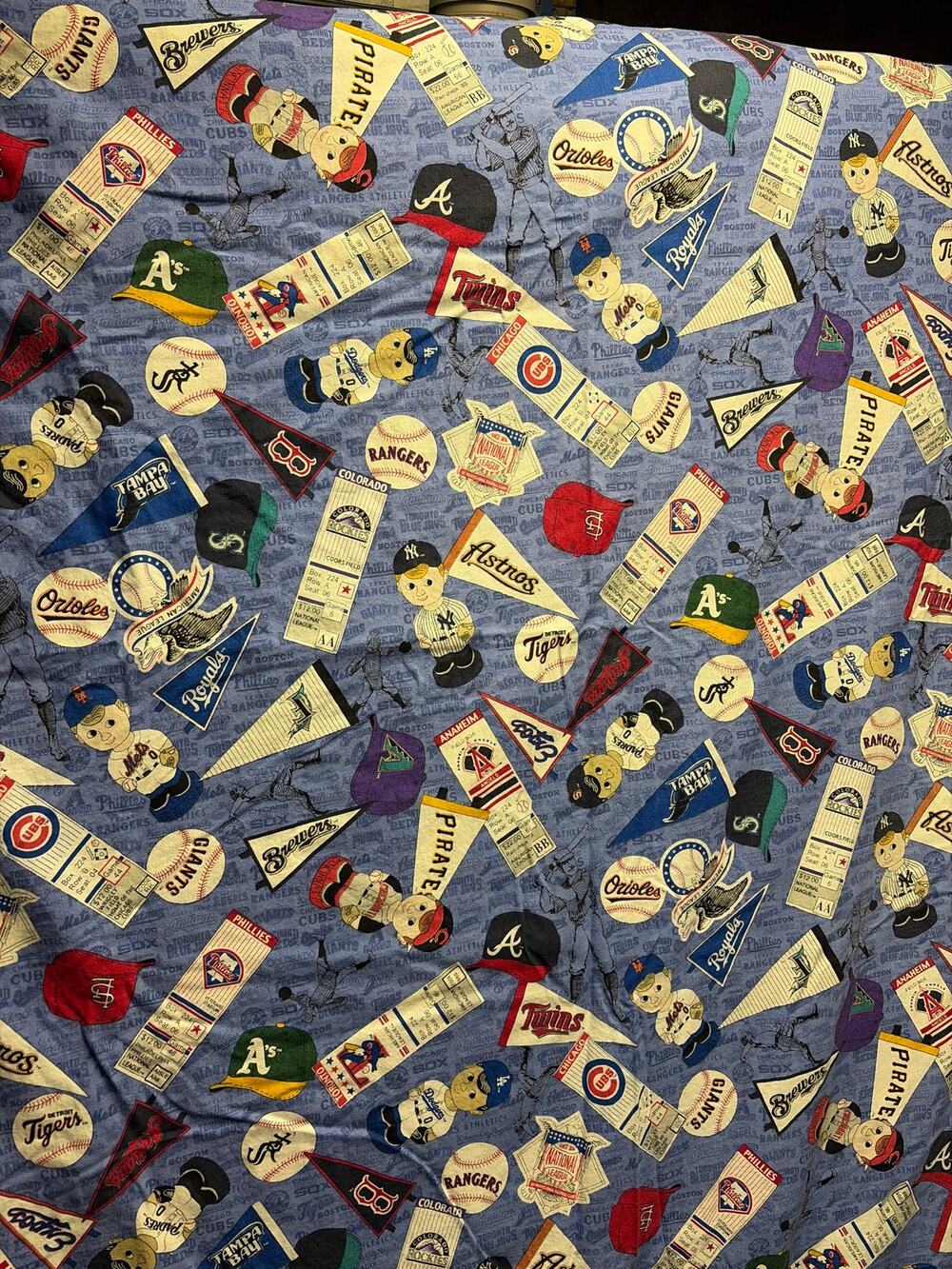 Vintage MLB Baseball Favric All Team Pennant Mascot Ticket Stub Cotton Quilt VTG